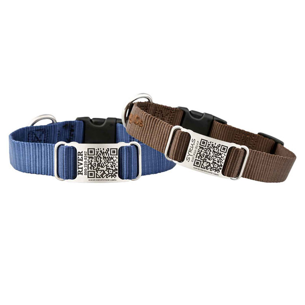 QR Code Nylon ScruffTag Collar Navy Blue and Brown