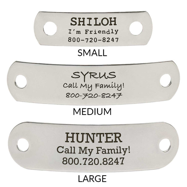Rivet-On Dog Collar Name Plate Sizes Comparison Stainless Steel