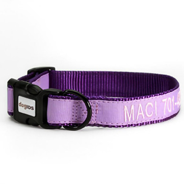 Embroidered Solid Color Dog Collar - Light Purple Outside Ribbon, Purple Inside Nylon, Light Pink Embroidery Thread Embroidered Solid Color Dog Collar - Light Purple Outside Ribbon, Purple Inside Nylon, Light Pink Embroidery Thread