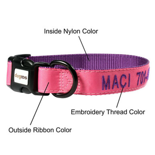 Embroidered Solid Color Dog Collar - Pink Outside Ribbon, Purple Inside Nylon, Purple Embroidery Thread Embroidered Solid Color Dog Collar - Pink Outside Ribbon, Purple Inside Nylon, Purple Embroidery Thread