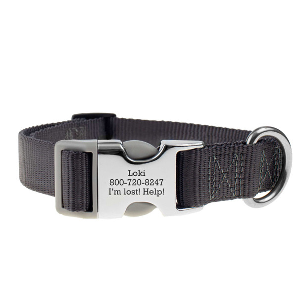 Personalized Buckle Nylon Dog Collar Dark Grey Metal Buckle