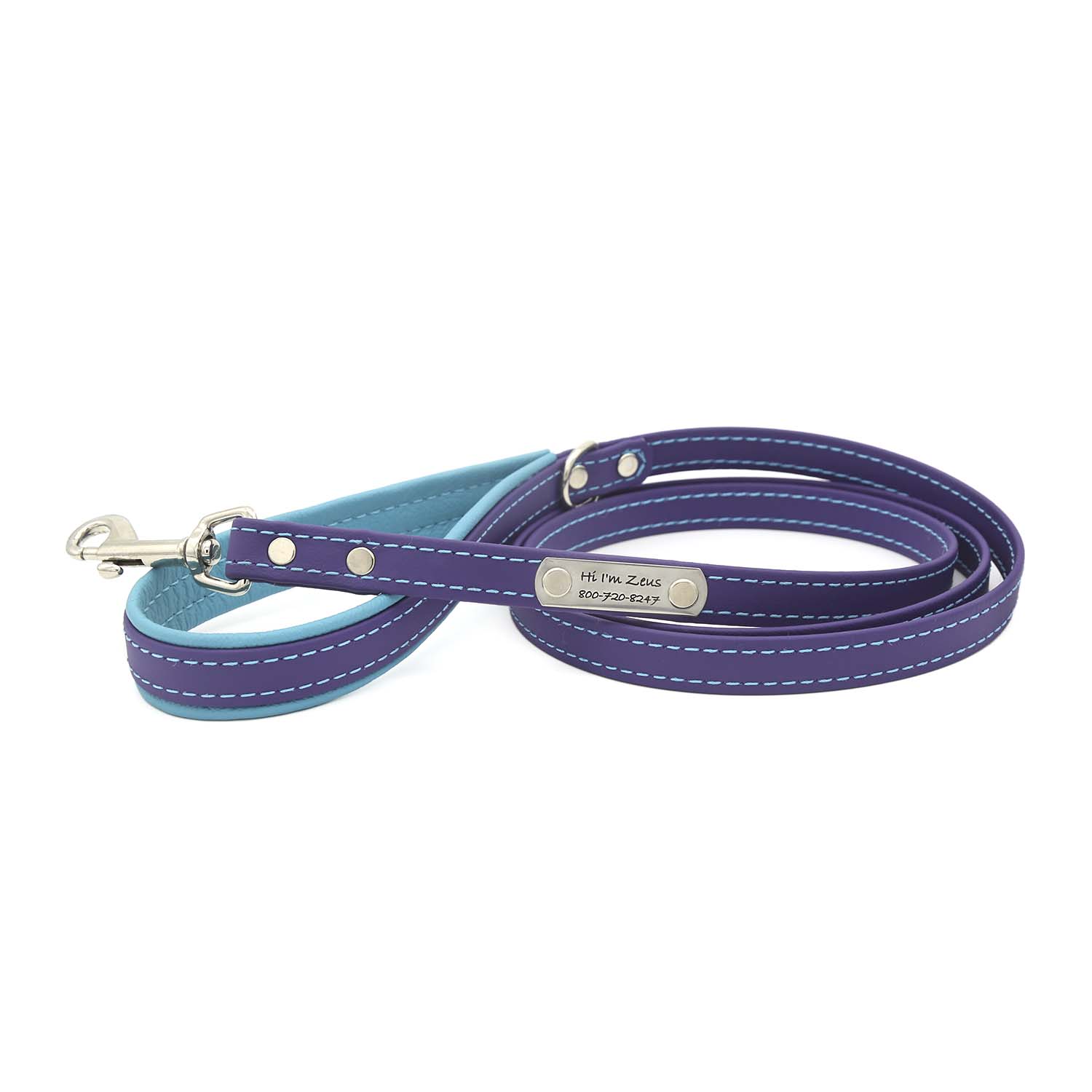 Fusion Artisan Padded Dog Leash with Nameplate Purple with Turquoise Padding