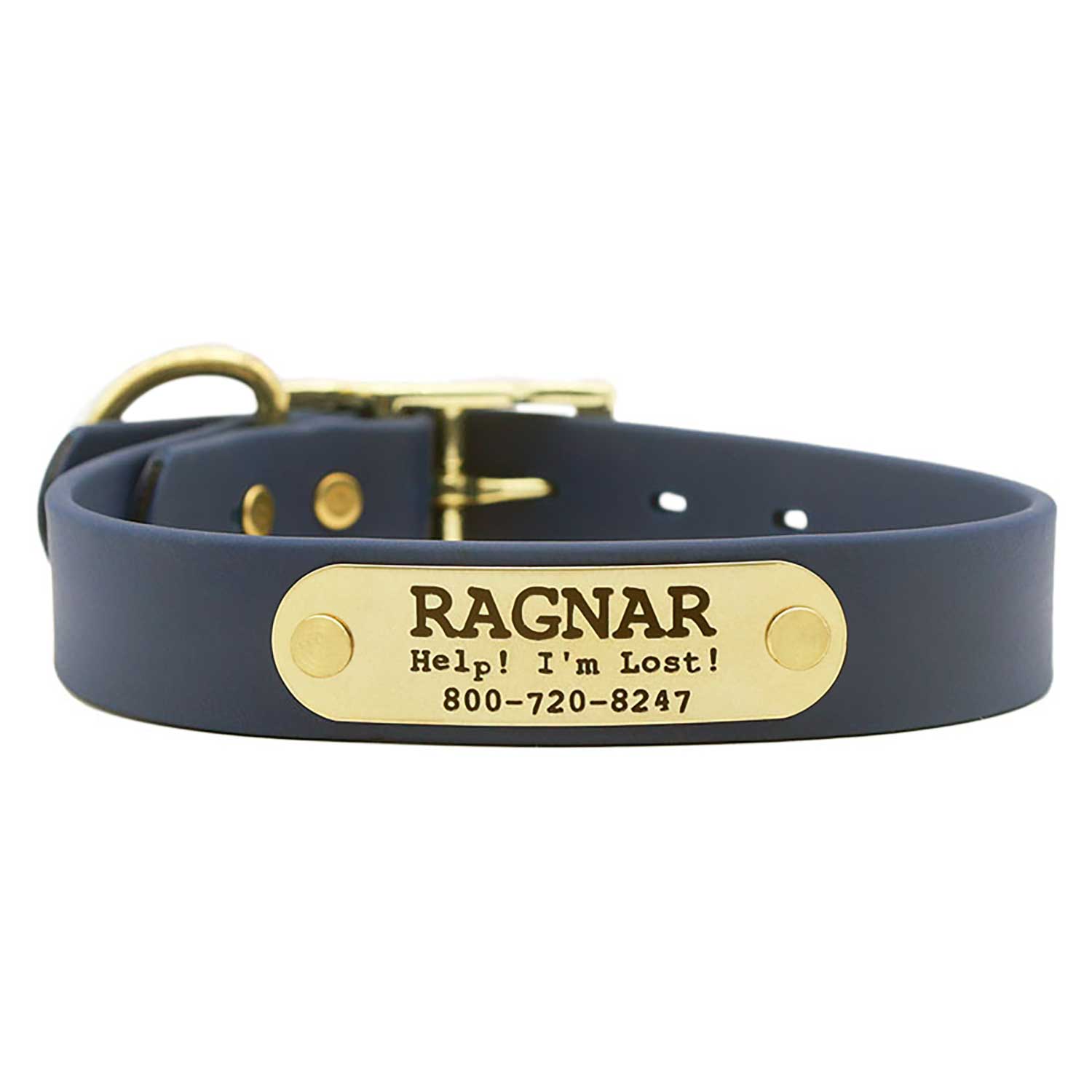 Waterproof Standard NamePlate Collar with Brass Hardware Navy Blue