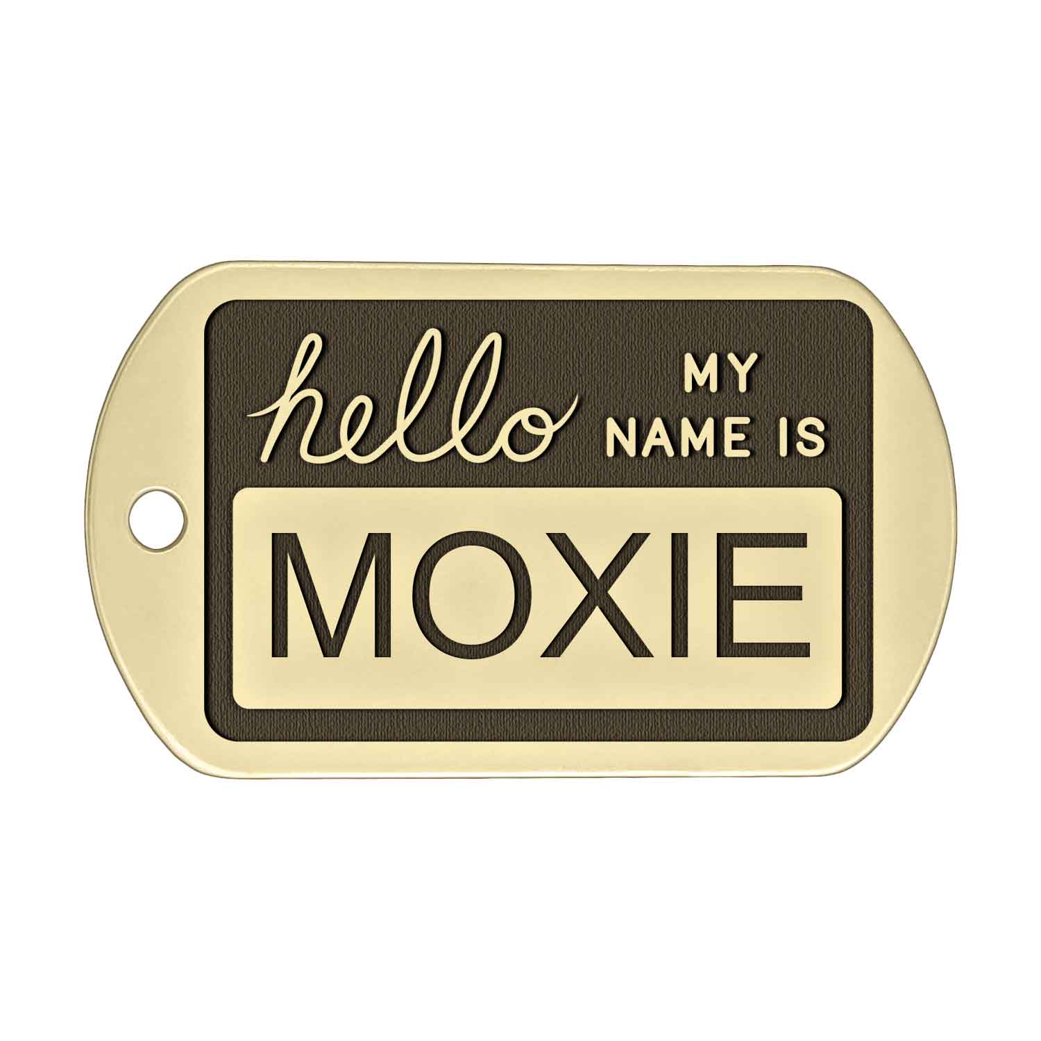 Hello My Name Is Dog Tag Cursive Text Solid Brass