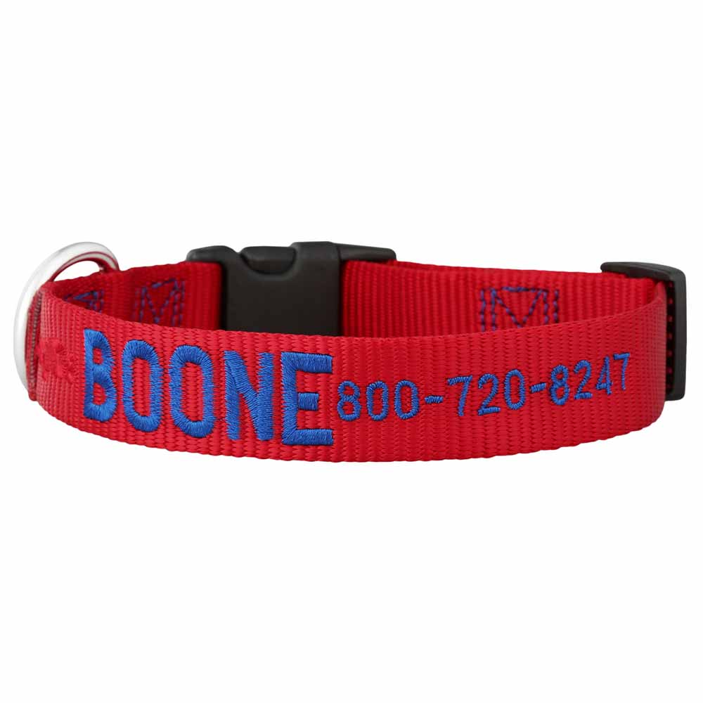 Embroidered Nylon Dog Collar Red Blue dogIDs