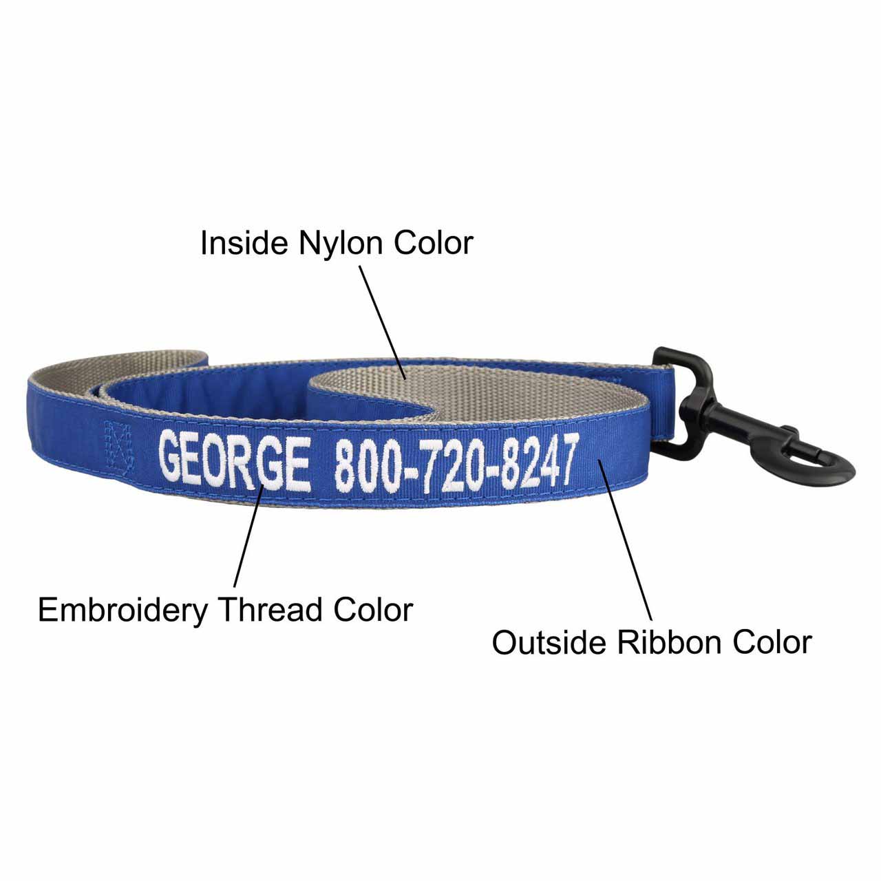 Embroidered Solid Color Personalized Dog Leash dogIDs