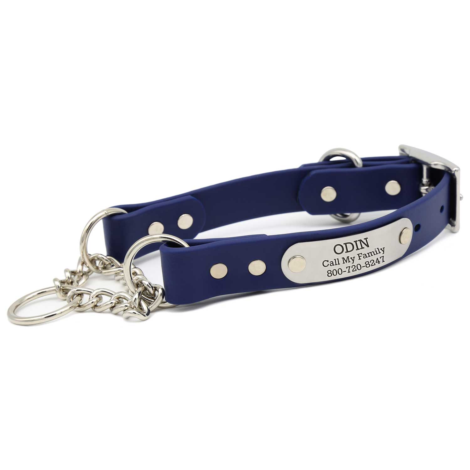 Waterproof Chain Martingale Collar with Engraved Nameplate Navy Blue