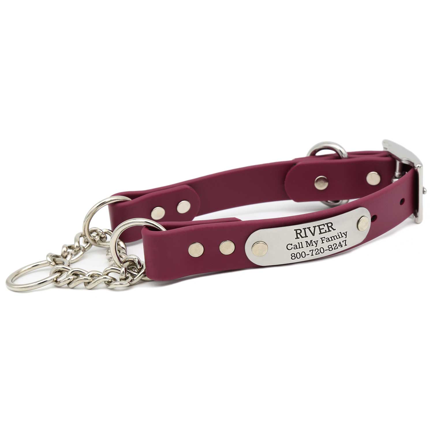 Waterproof Chain Martingale Collar with Engraved Nameplate Burgundy