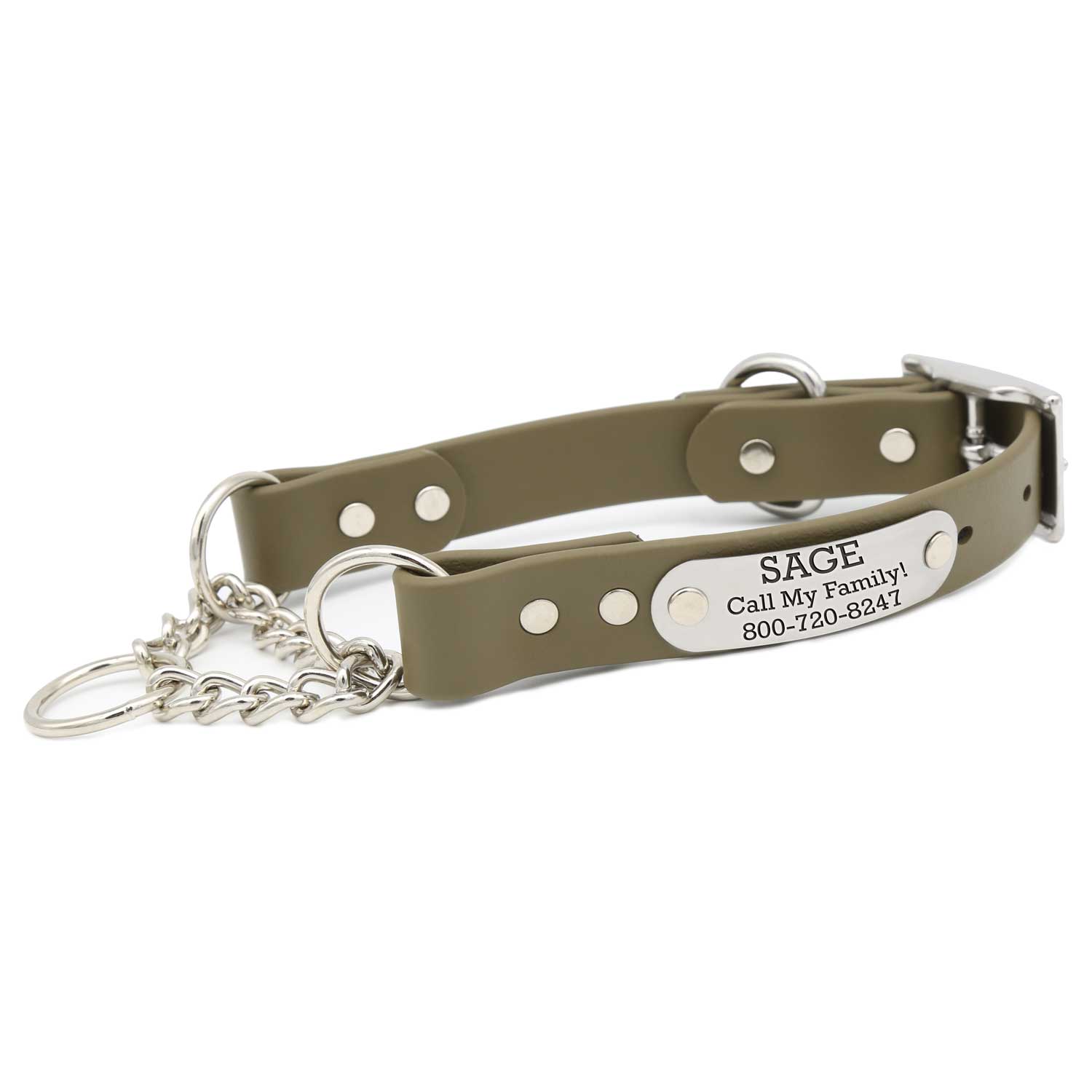 Waterproof Chain Martingale Collar with Engraved Nameplate Sage
