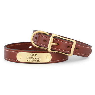 English Bridle Leather Dog Collar with Name Plate Custom Engraved