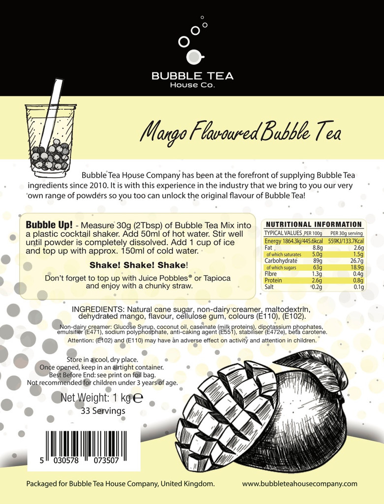 MANGO Bubble Tea Powder label with nutritional information