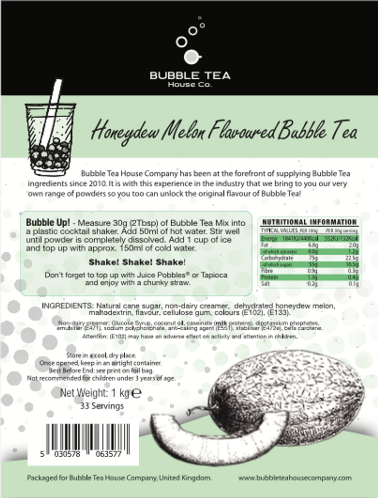 HONEYDEW MELON Bubble Tea Powder 1kg pack label with nutritional information