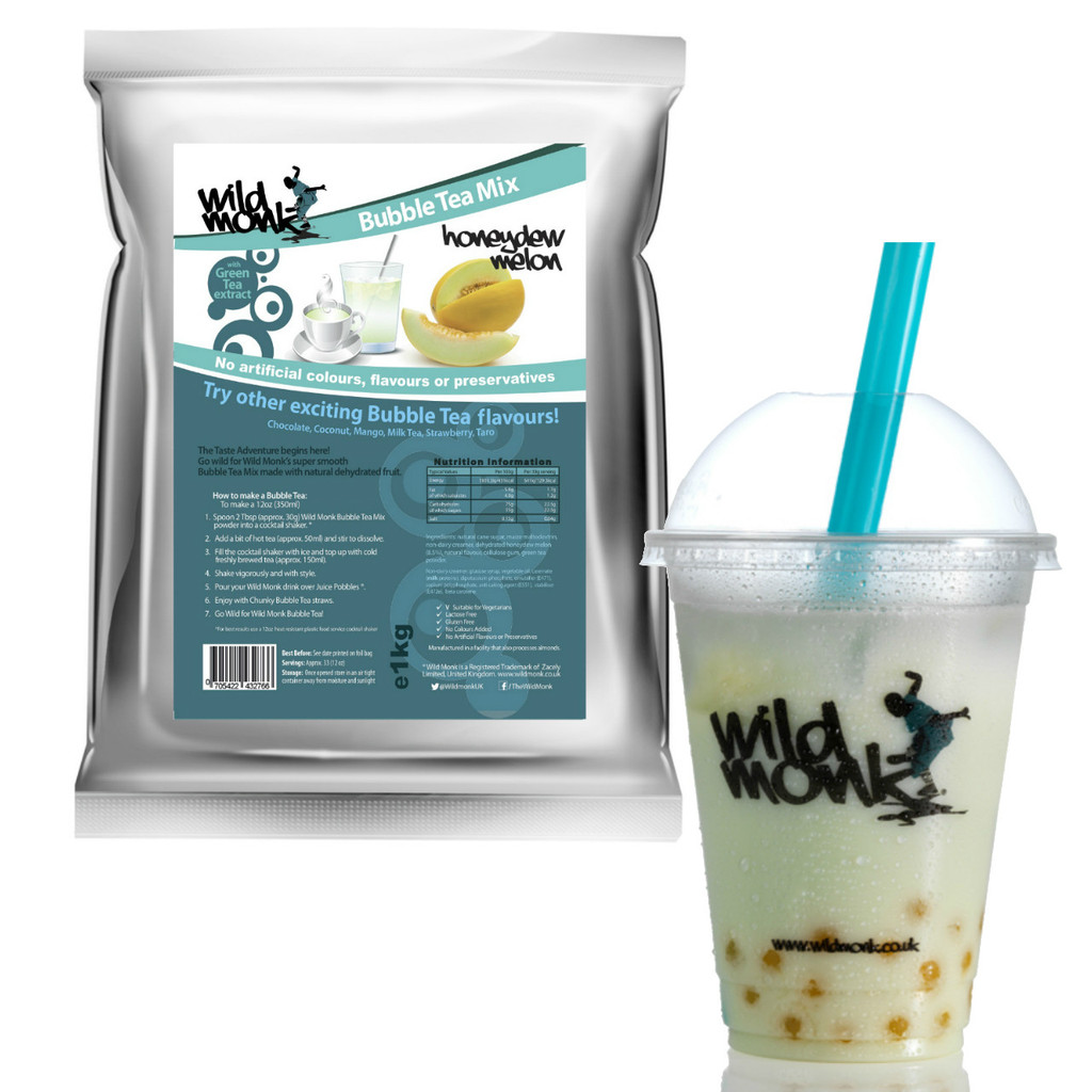 Wild Monk HONEYDEW MELON Premium Bubble Tea Powder 1kg pack with honeydew melon bubble tea drink