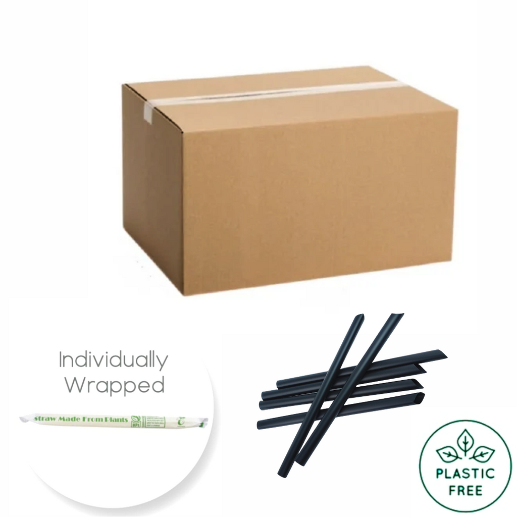 From £0.045 /per straw - Case of 2000 Chunky Black COMPOSTABLE PLA Straws - Individually Wrapped / Pointy Tip (1.2x21cm)
