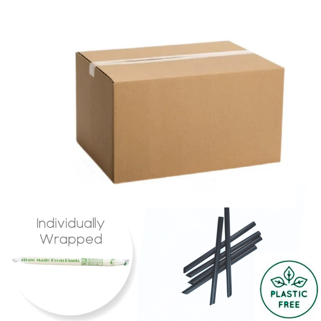 £0.045/per straw - Case of 2000 Chunky Black COMPOSTABLE PLA Straws - Individually Wrapped / Pointy Tip (1.2x21cm) Minimum 10 cases