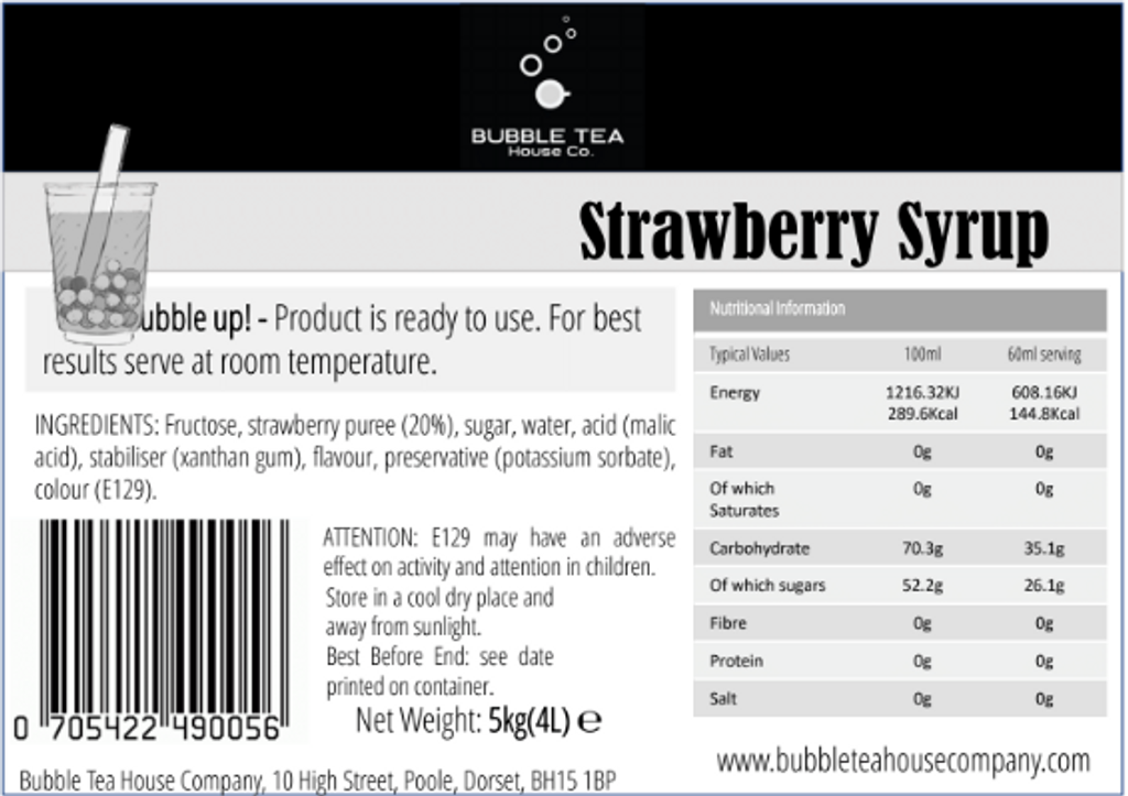 STRAWBERRY - Syrup for Bubble Tea - NOV 2023 Best Before (5kg)