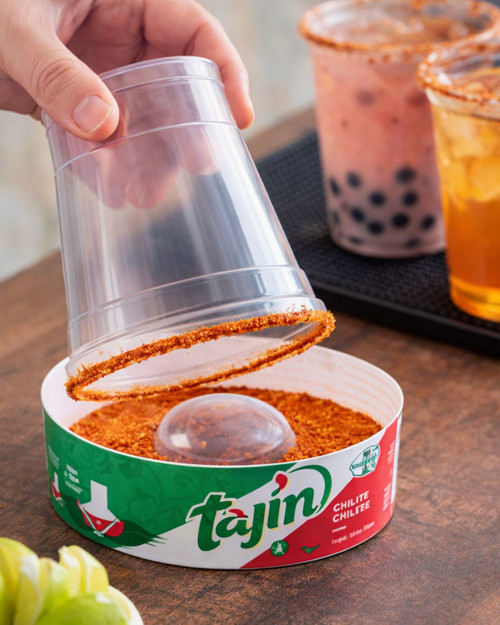 Bubble tea cup rimmed with chilli lime seasoning Tajin style for iced tea mocktails and bubble tea drinks