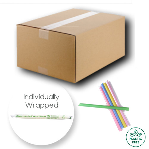 From £0.045 /per straw - Case of 2000 Chunky Colourful COMPOSTABLE PLA Straws - Individually Wrapped / Pointy Tip (1.2x21cm)