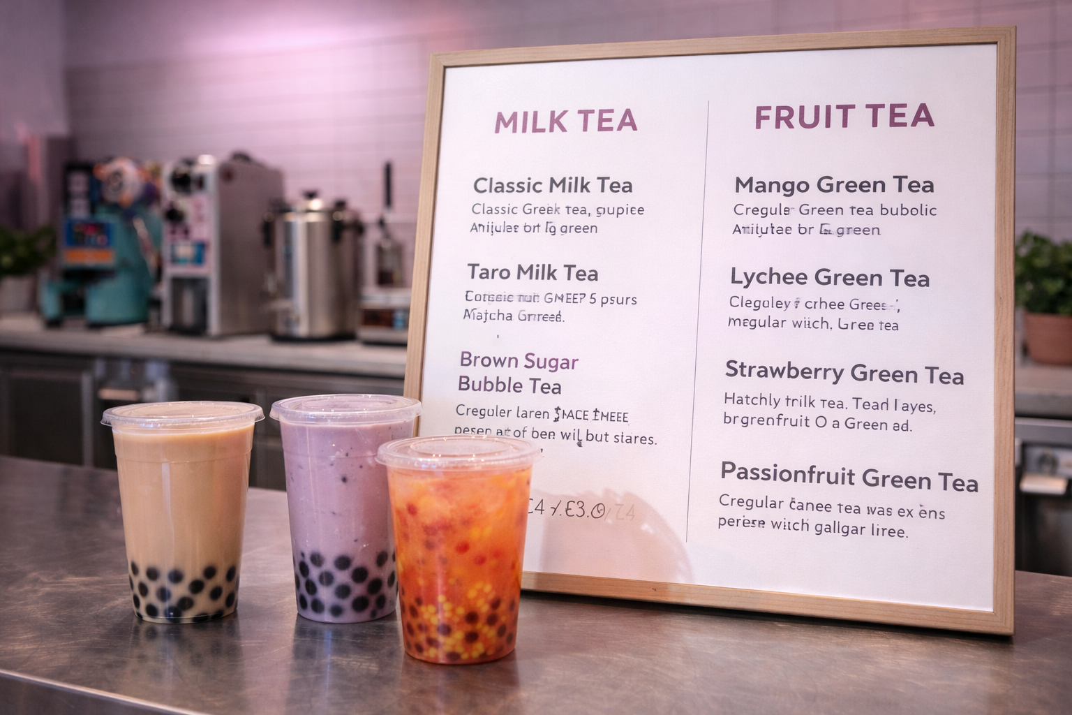 Bubble tea menu board with milk tea and fruit tea drinks on a café counter