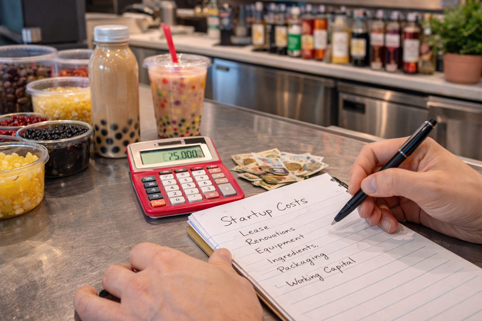 Planning bubble tea shop startup costs with calculator and ingredients on a café counter
