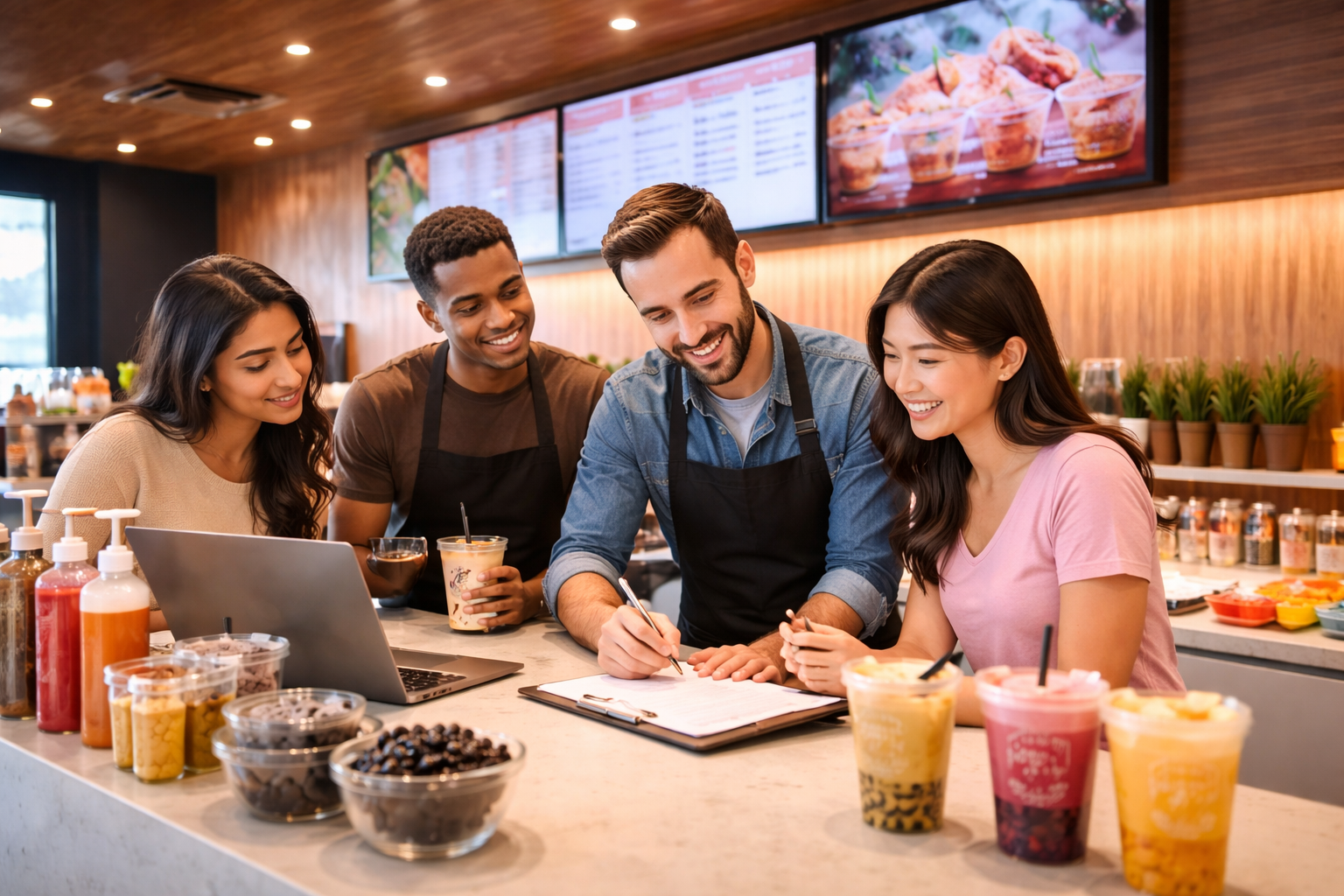 Team planning a bubble tea shop while preparing drinks and reviewing a menu in a modern café