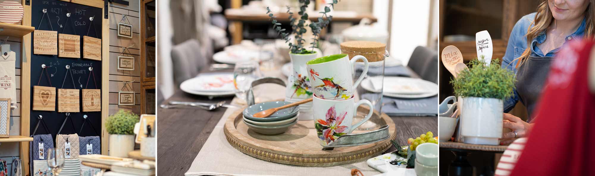 A retail space and a table prepared with dishes and a customer shopping