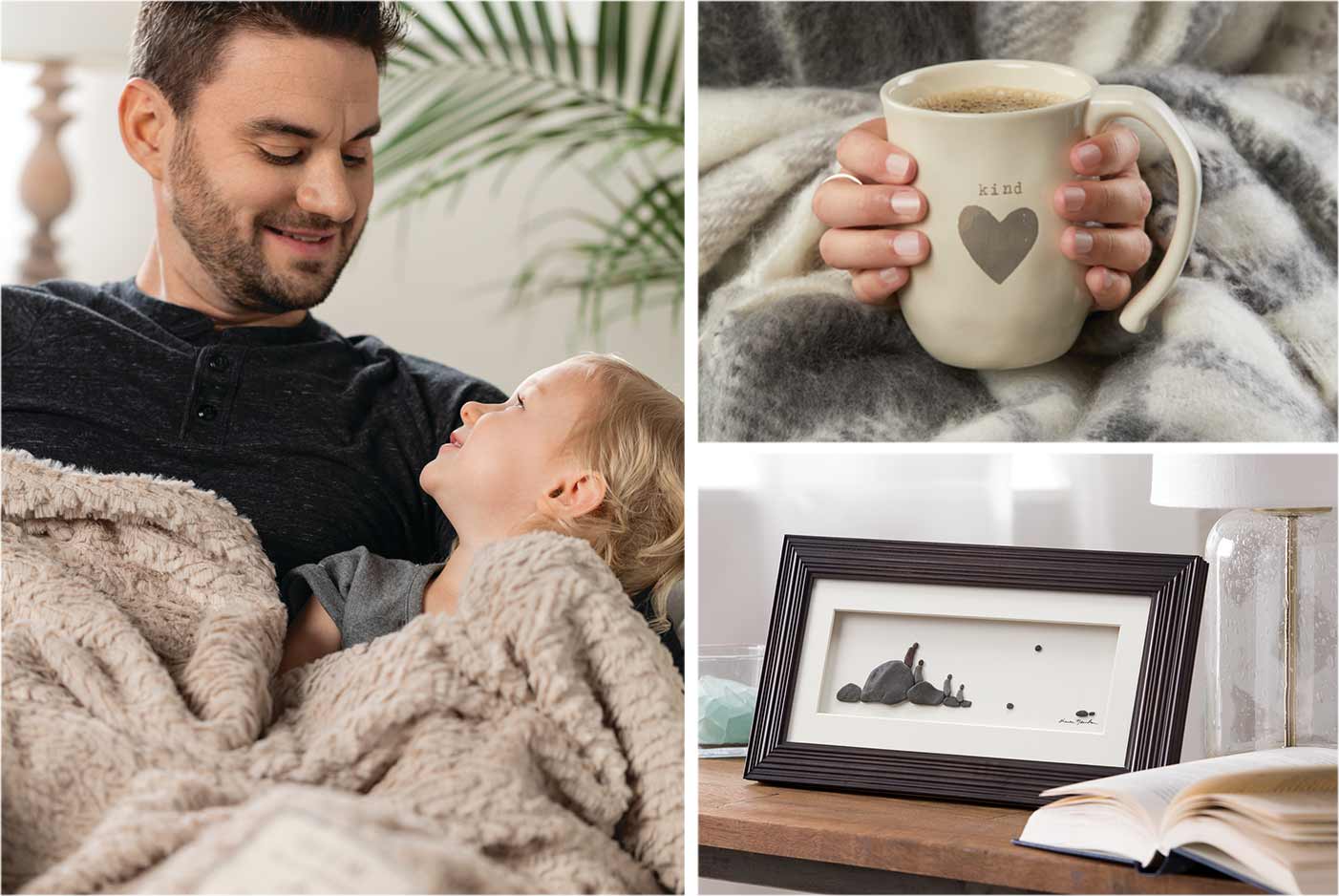 three photos on of a father and duaghter, another of a rocks in a picture frame making up a picture, a heart mug