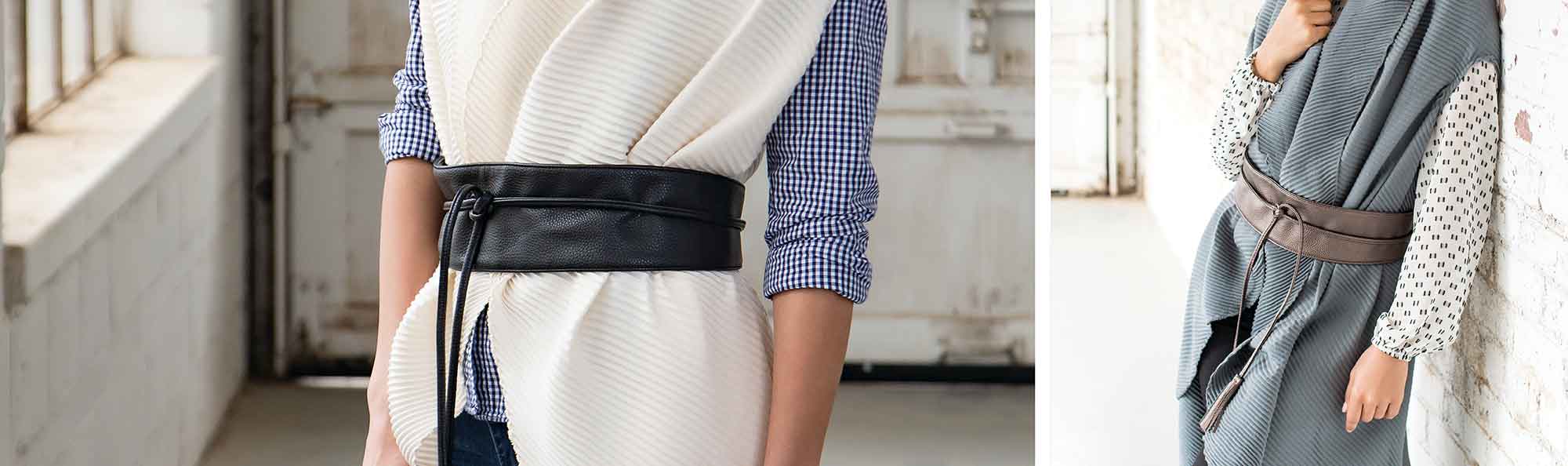 Fashionable Leather Belts that wrap around the waist on two womens