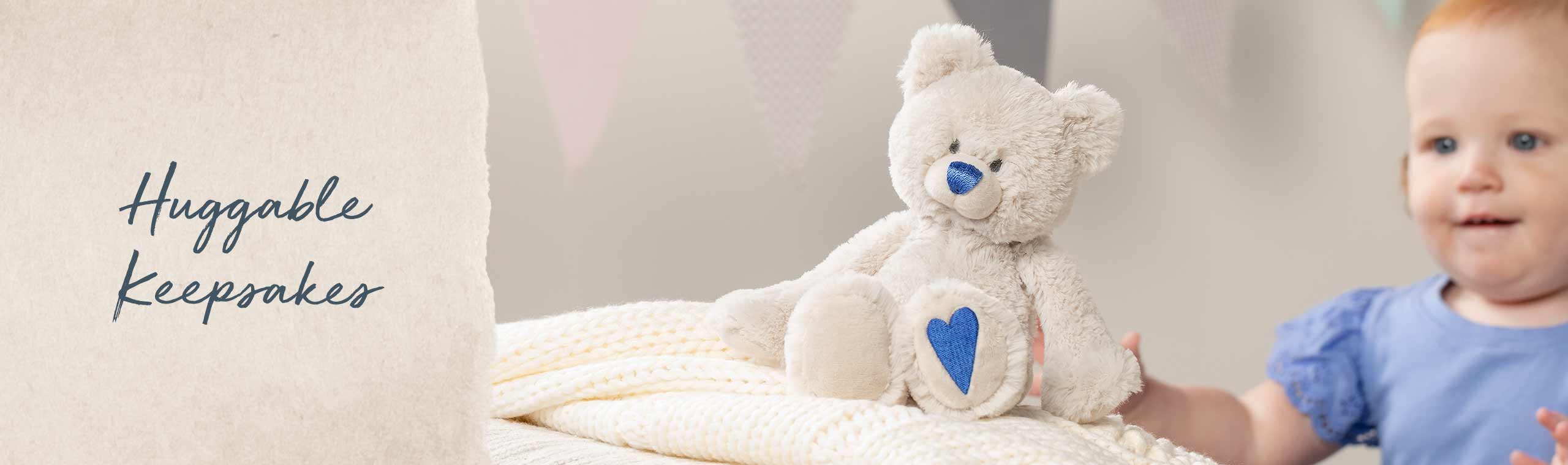 Huggable Keepsakes! soft bears with a blue heart on thir feet