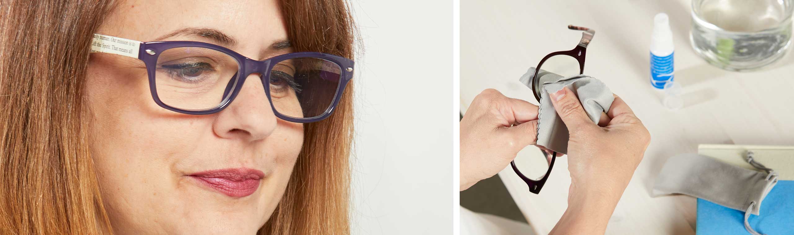 a woman wearing reading glasses and another photo of them being cleaned