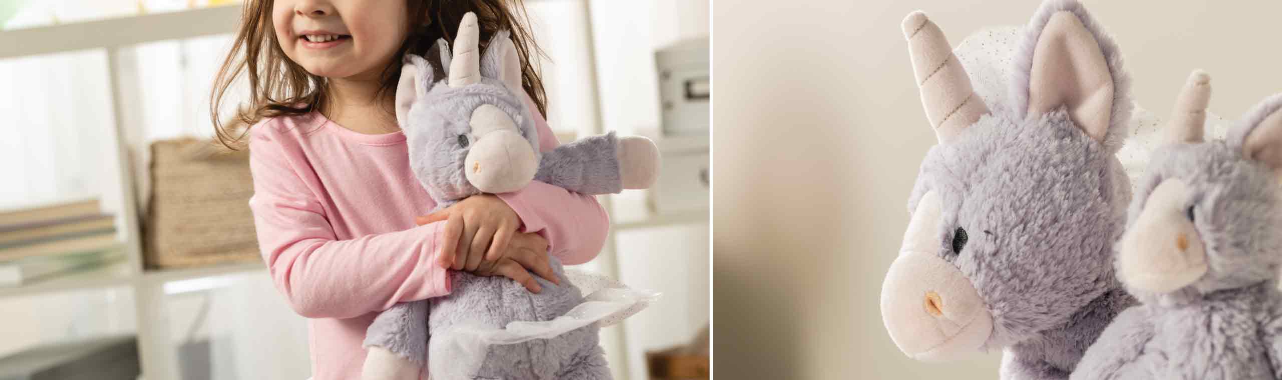 A child holding a Unicorn and another photo of the unicorn upclose to look a the soft purple fur