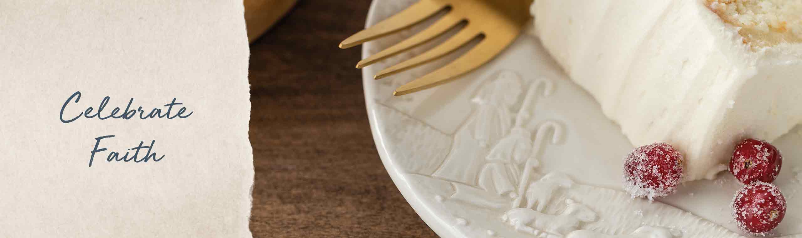 Celebrate Faith. a gold fork on a ceramic plate and some cake