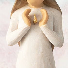 Mauve roses and greenery enclose this Willow Tree figurine, as a flame glows from the heart of this piece