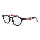 black rimmed with pink and brown striped stemmed glasses