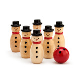 A small bowling game, made up of 6 snowmen pins, and a small red bowling ball.