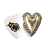 Heart shaped keeper with the image of a black bear peeking over a tree stump with Texas on it, with the lid offset to the base.