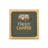 A square wood plaque with a tile attached that has an image of a camper and says "Happy Camper" on a dark green background.