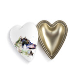Heart shaped keeper box with a watercolor image of a wolf face in profile on the lid, which is offset to the base.