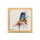 A square wood plaque with a tile attached that has a watercolor image of a blue butterfly.