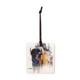 A square hanging ornament with a watercolor image of a buffalo.