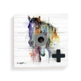 A square wood tic tac toe board with a watercolor image of two horses, with a gray O and black X on top.