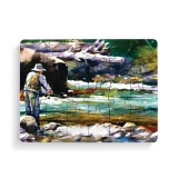 A 24 piece postcard puzzle with a watercolor image of a man fishing in a stream.