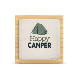 A square wood plaque with a cream tile attached that has a green tent and says "Happy Camper".
