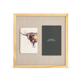 A light wood frame with a tile on the left that has a watercolor image of a longhorn, next to a 4x6 photo opening with a linen mat.