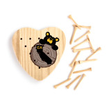 Heart shaped wood peg game with a black bear peeking over a wood stump with California on it, next to a set of wood pegs.