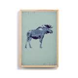 The side view of a moose as a graphic art image on a pale green background framed in a light wood frame.