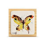 A square wood plaque with a tile attached that has a watercolor image of a yellow butterfly.