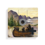 A square wood tic tac toe board with a painted image of bears in a canoe, with a gray O and black X on top.