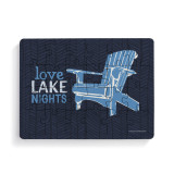 A rectangular wood 24 piece postcard puzzle with a blue Adirondack chair and the saying "Love Lake Nights" on a dark background.