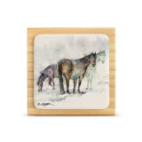A square wood plaque with a tile attached that has a watercolor image of three horses.